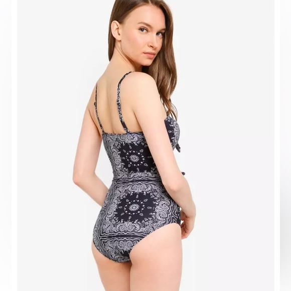Black White Paisley Bandana Print Monokini One Piece Bathing Suit size L small - Picture 7 of 17